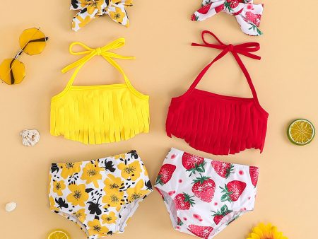 Wholesale Children s Summer Fruit Print Swimwear + Bandana Three-piece Set Split Swimwear Online now