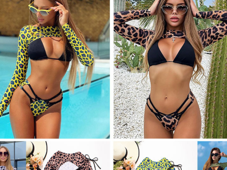 Wholesale Bikini Braided Rope Leopard Print Long Sleeve Sunscreen Shirt Three-Piece Set Swimwear Online