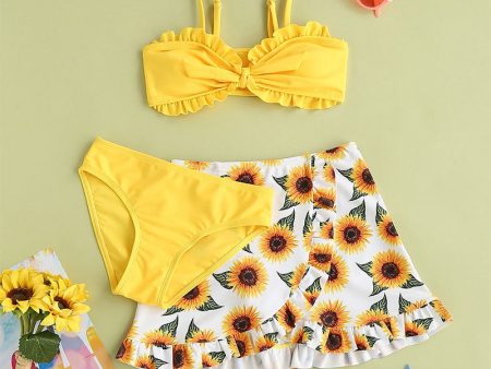 Wholesale Girls Solid Color Fly Edge Split Three-piece Set Mesh Skirt Swimwear Fashion