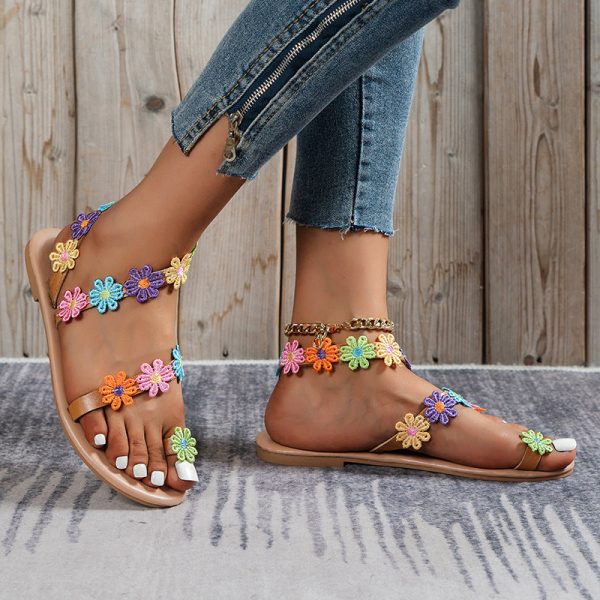 Wholesale Pu Bohemian Colorful Flower Flat Sandals Online Hot Sale