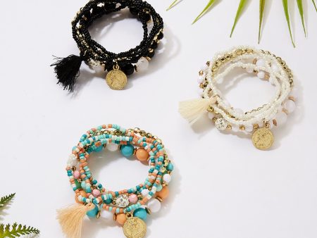 Wholesale 6pcs Beauty Head Coin Tassel Beaded Multilayer Bracelet on Sale