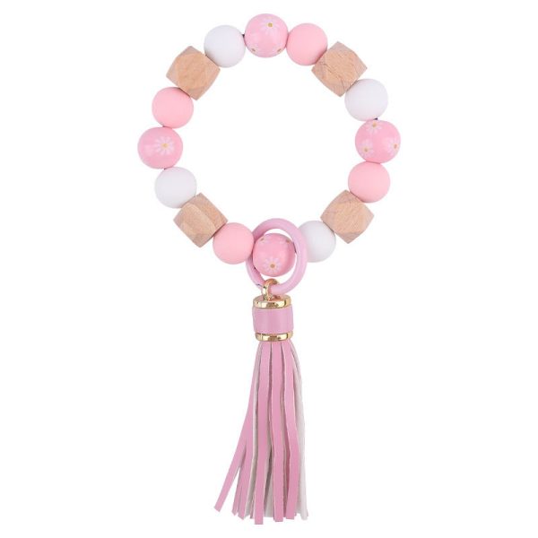 Wholesale Wooden Small Daisy Flower Leather PU Short Tassel Handmade Beaded Bracelet Keychains For Discount