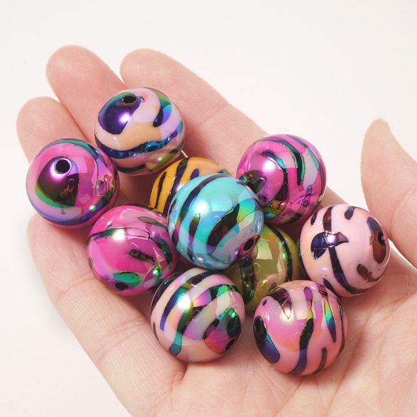 Wholesale 10pcs pack Acrylic UV Plating Zebra Color Stripe Straight Hole Round Beads Cheap