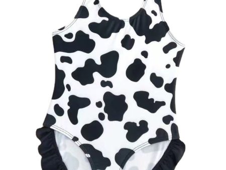 Wholesale Baby Girls Ruffles Dairy Cow Black and White Printed Bow One Piece Swimwear Online Sale