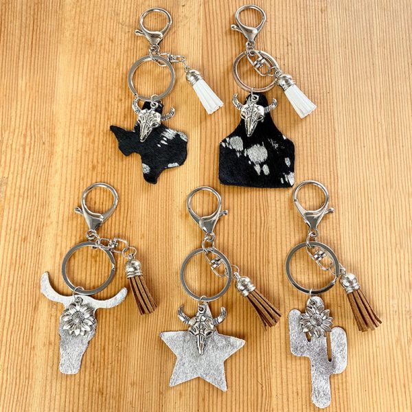 Wholesale 2pcs pack Western Style Bull Head Cactus Leather Keychain Online