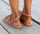 Wholesale PU Rhinestone Handmade Beaded Metal Decoration Flat Sandals Supply