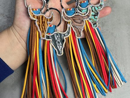 Wholesale 2pcs pack Leather Bull Head Colorful Tassel Ethnic Style Keychain Cheap