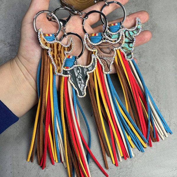 Wholesale 2pcs pack Leather Bull Head Colorful Tassel Ethnic Style Keychain Cheap