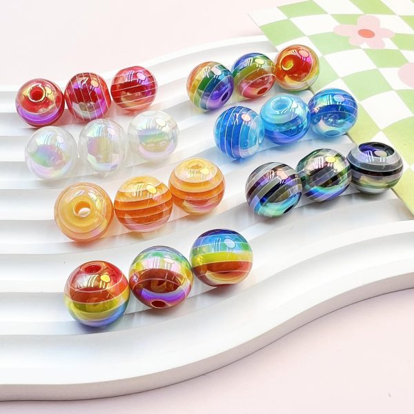 Wholesale 10pcs pack 16mm UV Color Plated Lollipop Stripe Rainbow Straight Hole Round Beads on Sale