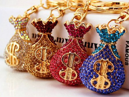 Wholesale Zinc Alloy Love Diamond Crystal Money Bag Lucky Bag Keychain on Sale